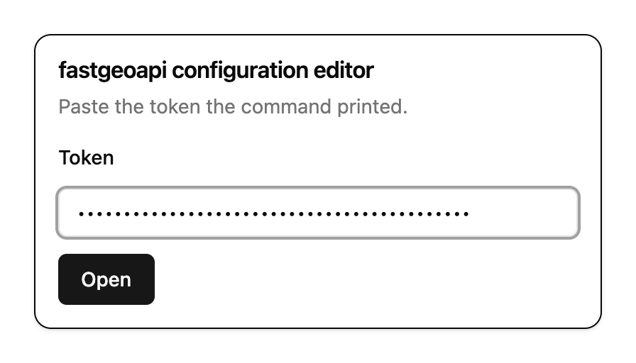 The editor's first screen: a card asking for the token the command printed