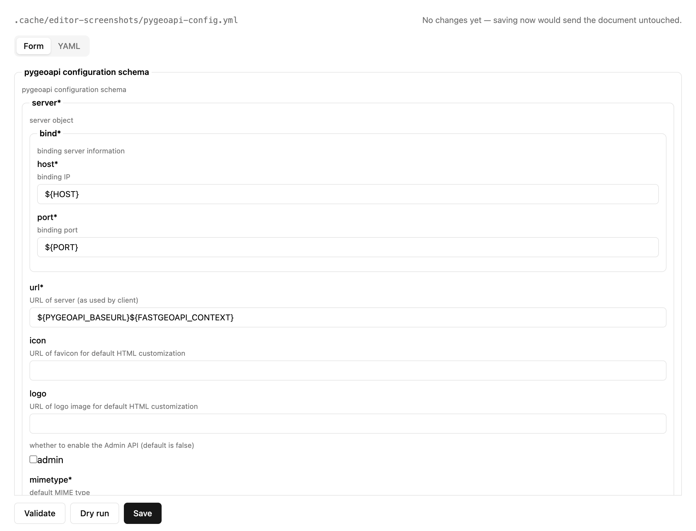 The Form tab: the server section as fields, with the placeholders left as written