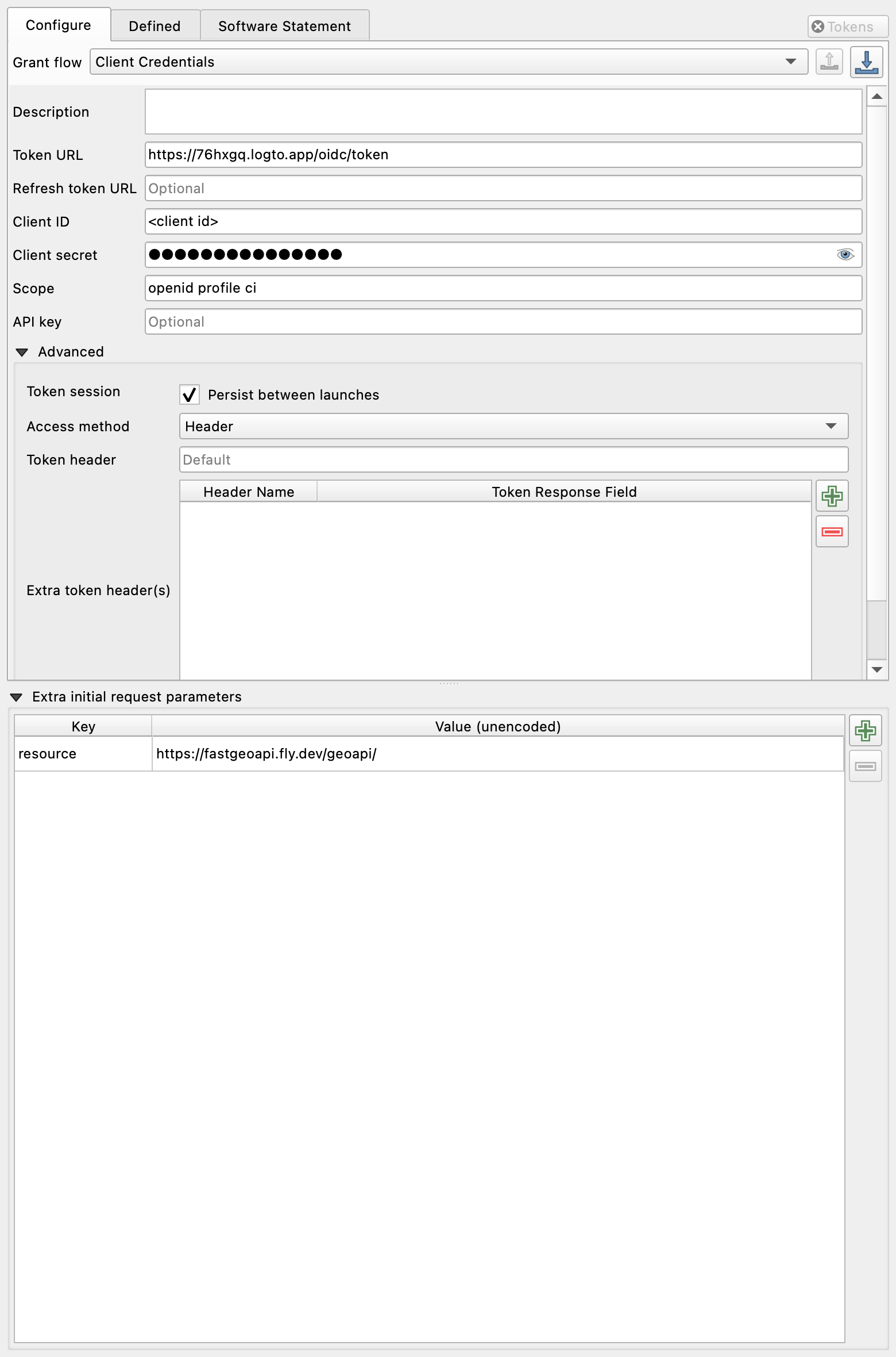 The OAuth2 form in QGIS: grant Client Credentials, token URL, scope, and the resource parameter among the extra request parameters