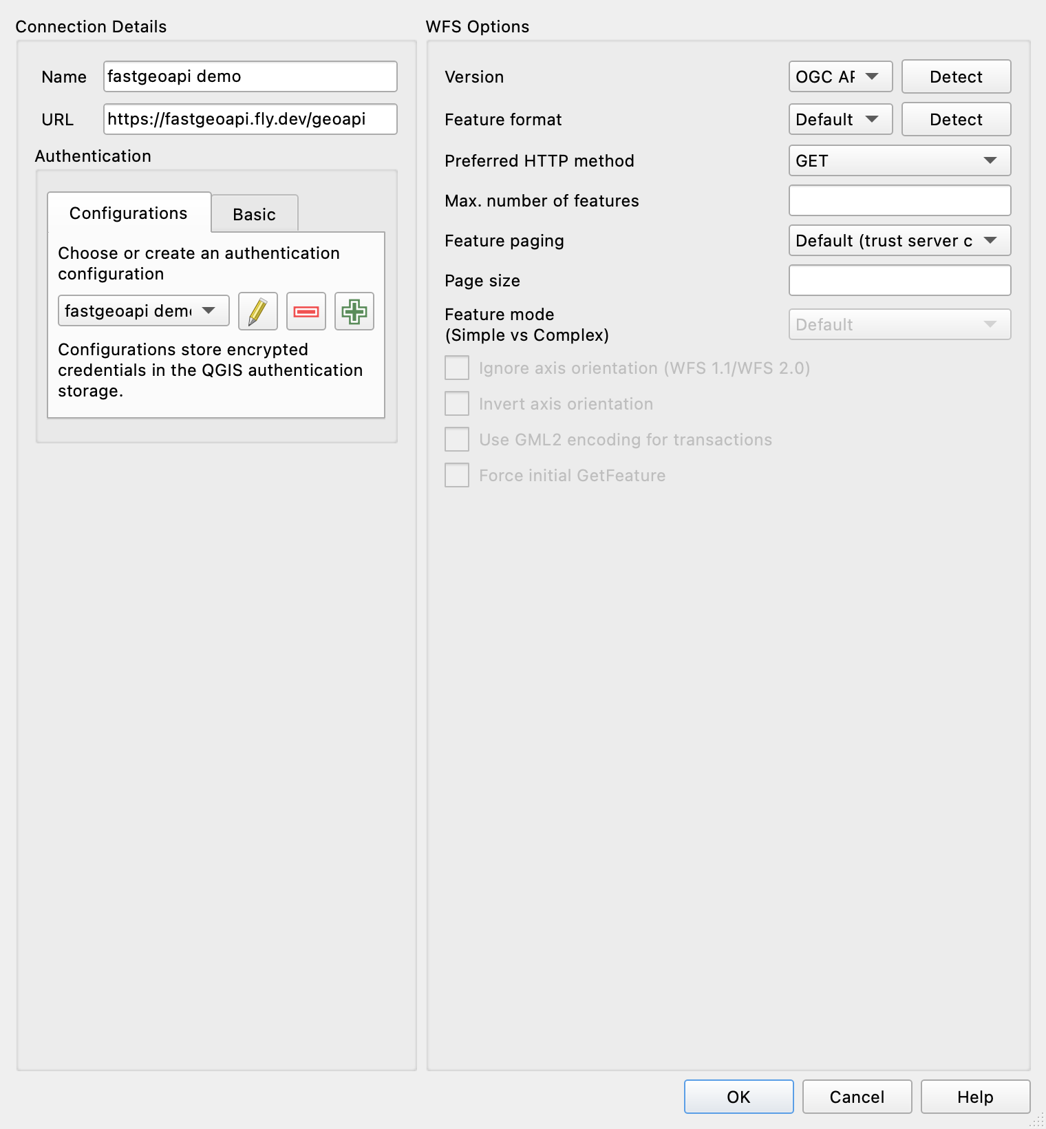 The new connection dialog: landing page as URL, version OGC API - Features, the fastgeoapi demo configuration selected