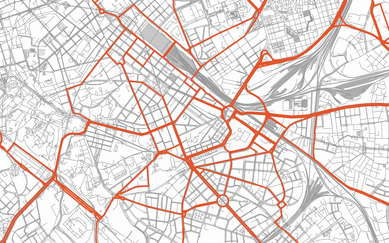 Rome, from the Vatican to Termini: the Lazio roads vector tiles in grey under the main roads from the features layer in orange